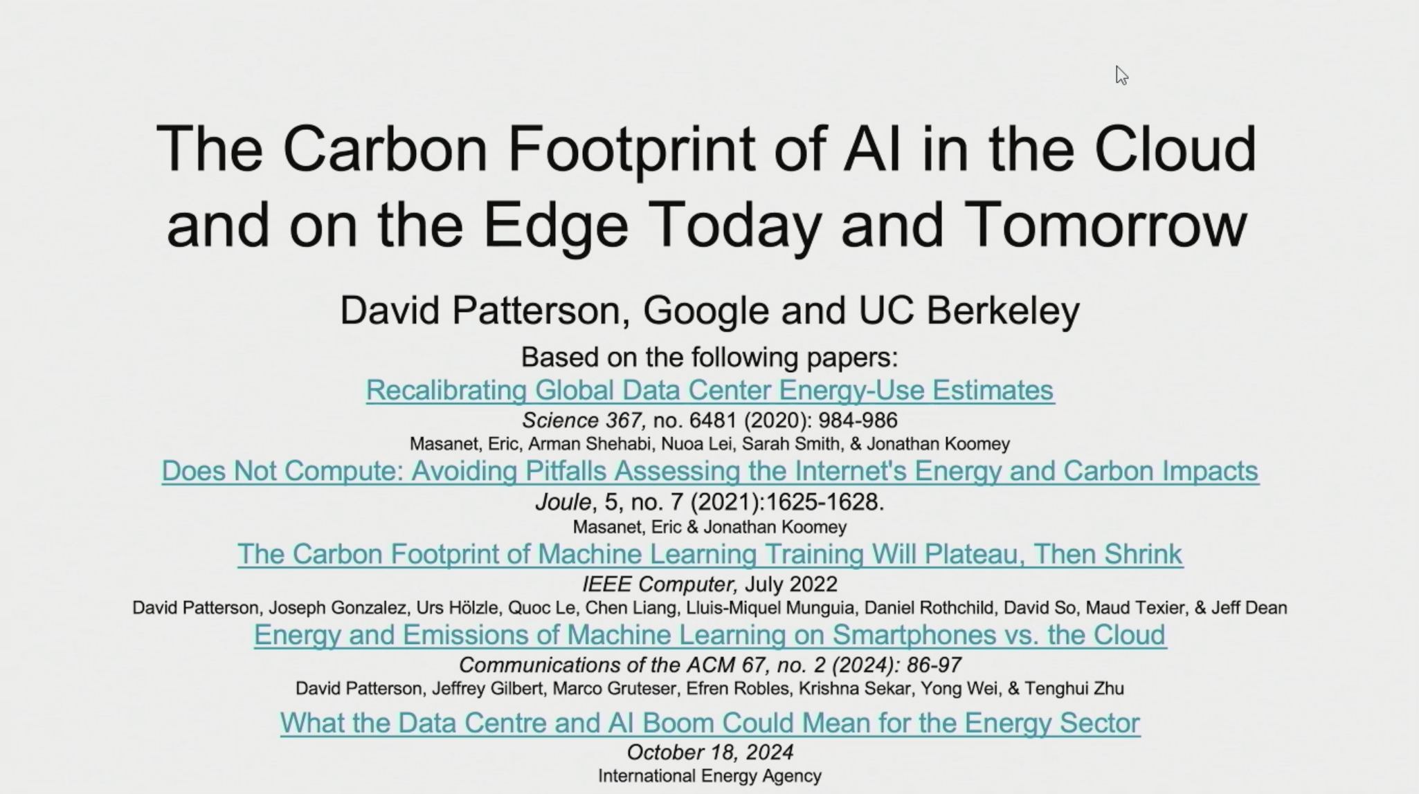 The Carbon Footprint of AI in the Cloud and the Edge Today Patterson, David
