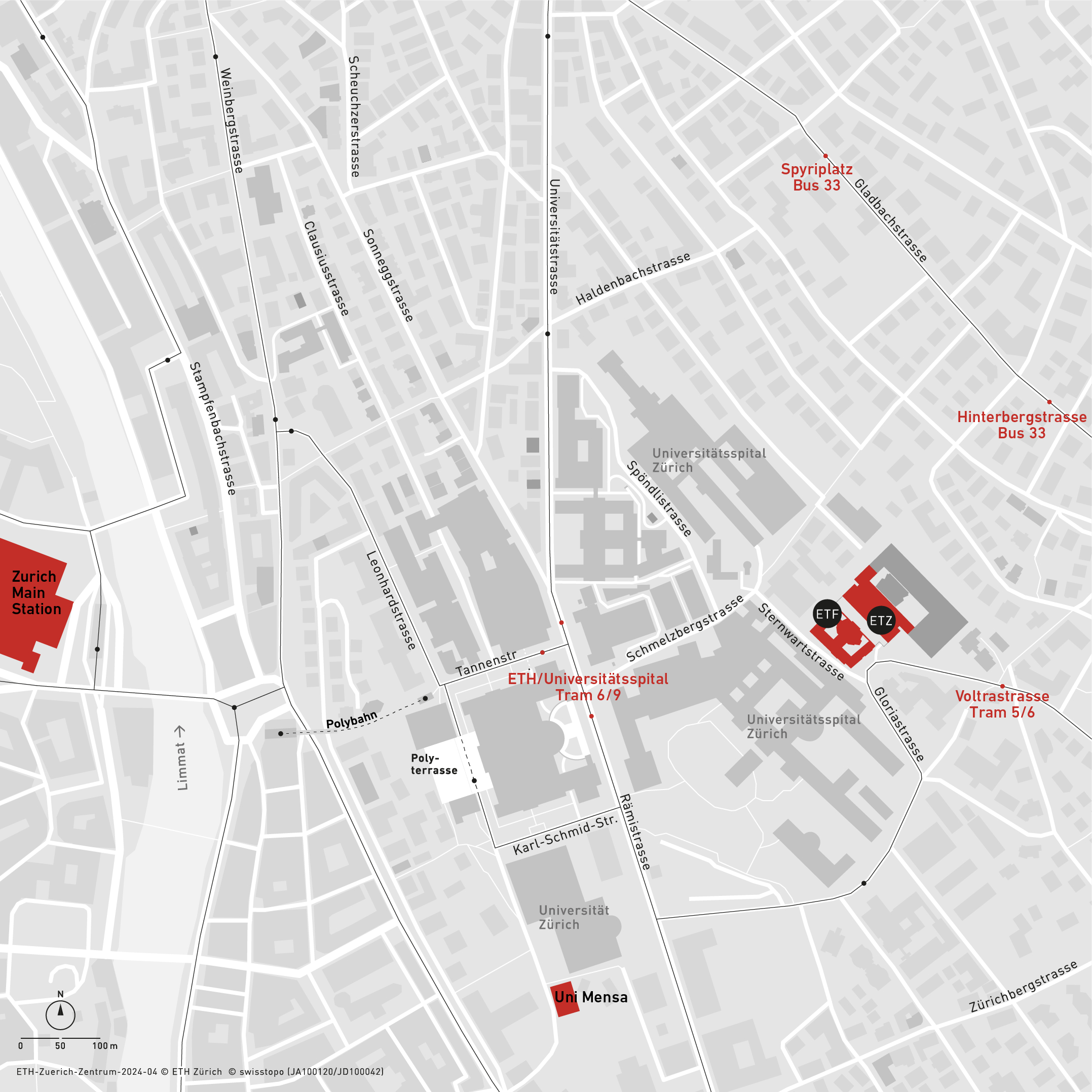 Map showing the buildings of the Zentrum campus, the tram and bus stops, and the access road to the car park.